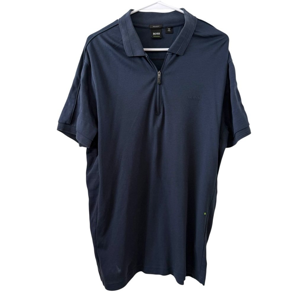 Hugo Boss XL Navy Blue Quarter Zip Polo Shirt Regular Fit Short Sleeve